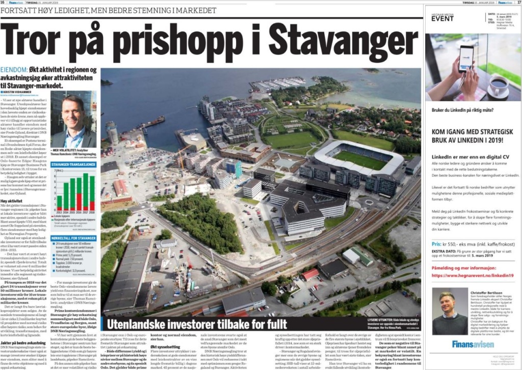 Faksimilie Finansavisen DNB Næringsmegling Thomas Ramcilovis Tror på prishopp i Stavanger